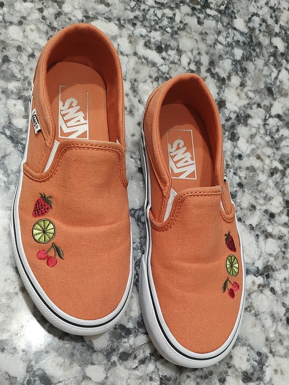 Vans Orange Slip-On Sneakers with Fruit Embroidery